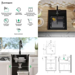 Evier Cuisine En Granit Noir, 49 X 50 Cm, Lavabo 1 Bac + Siphon Classique, Évier à Encastrer Oslo 50 XXL De Primagran -Promos Gout Cuisine Boutique 75724777 5