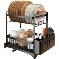 Égouttoir à Vaisselle Avec Plateau D'égouttage Avec Porte Couverts Noir