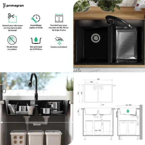 Evier Cuisine En Granit Graphite, 78 X 50 Cm, Lavabo Cuisine 2 Bac + Siphon Classique, Évier à Encastrer Madrid 80 Twin De Primagran 5 Evier Cuisine En Granit Graphite, 78 X 50 Cm, Lavabo Cuisine 2 Bac + Siphon Classique, Évier à Encastrer Madrid 80 Twin De Primagran – Image 5