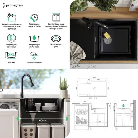 Evier Cuisine En Granit Graphite, 90 X 50 Cm, Lavabo 1 Bac + Siphon Classique, Évier à Encastrer San Francisco 900 Supreme De Primagran 5 Evier Cuisine En Granit Graphite, 90 X 50 Cm, Lavabo 1 Bac + Siphon Classique, Évier à Encastrer San Francisco 900 Supreme De Primagran – Image 5