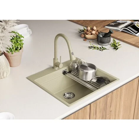 Evier Cuisine Beige, 58 X 53 Cm, Evier En Granit 1 Bac + Siphon Automatique, Evier A Encastrer De Primagran 2 Evier Cuisine Beige, 58 X 53 Cm, Evier En Granit 1 Bac + Siphon Automatique, Evier A Encastrer De Primagran – Image 2