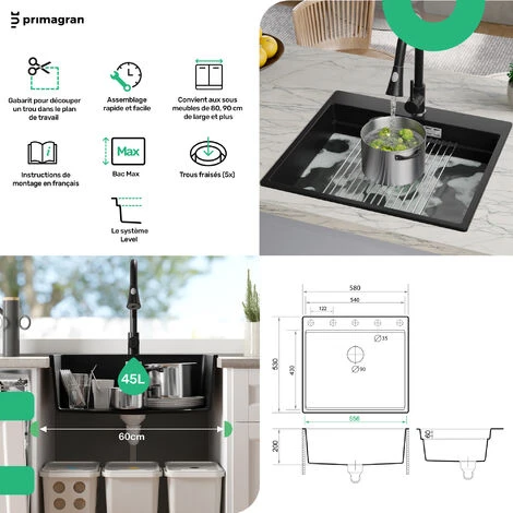 Evier Cuisine Beige, 58 X 53 Cm, Evier En Granit 1 Bac + Siphon Automatique, Evier A Encastrer De Primagran 4 Evier Cuisine Beige, 58 X 53 Cm, Evier En Granit 1 Bac + Siphon Automatique, Evier A Encastrer De Primagran – Image 4