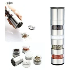 Moulin Manuel Multi Bambou Edition à Épices, Poivre Ou Sel 5 En 1, Salièrer Et Poivrière，Réservoir Portatif D'assaisonnement Pour Barbecue Extérieur，Anti - Croustillant