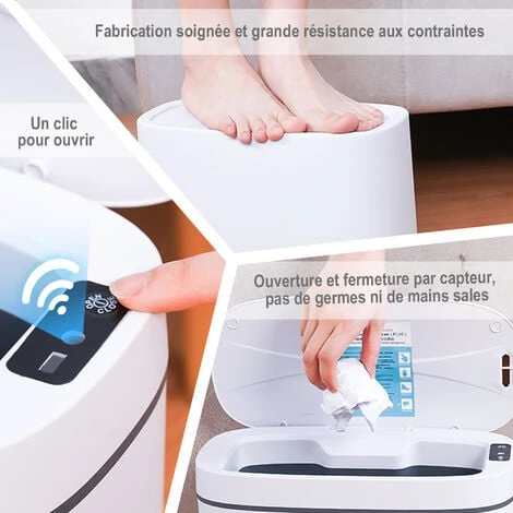 Poubelle Intelligente, SDLOGAL 14L Poubelle Automatique Avec Détecteur D'odeurs, Couvercle De Poubelle Sans Contact Pour La Salle De Bain, La Chambre, La Cuisine Et Le Bureau - Blanc 2 Poubelle Intelligente, SDLOGAL 14L Poubelle Automatique Avec Détecteur D'odeurs, Couvercle De Poubelle Sans Contact Pour La Salle De Bain, La Chambre, La Cuisine Et Le Bureau - Blanc – Image 2