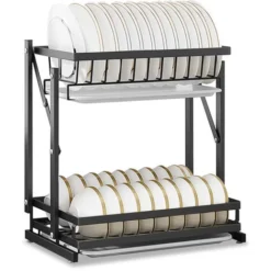 Égouttoir à Vaisselles à 2 Couches, SDLOGAL, Pliable, Égouttoir à Couvert,Panier à Vaisselle En Acier Inoxydable -Noir