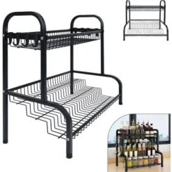 Froadp Etagère à Épices 2 Étages En Métal, Organiseur Porte-Épices, Étagères Multifonctions (Noir, 42.5x25.5x41cm)