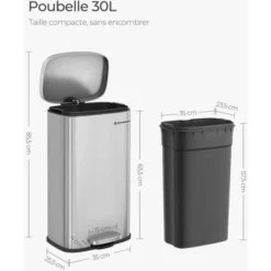 Songmics Poubelle De Cuisine Avec Pédale, Seau Intérieur En Plastique Poubelle En Acier Inoxydable 30 Litres Fermeture En Douceur Anti-odeurs LTB03NL -Promos Gout Cuisine Boutique 8506682 5