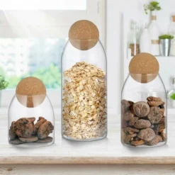 3Pcs Pot En Verre Avec Joint Hermétique Couvercle En Bois Boule Clair Pot De Bonbons Mason Bocaux Boîte De Stockage Des Aliments Pour Servir Du Thé Café Épices Sucre Sel Taille (S -Promos Gout Cuisine Boutique 87285726 5