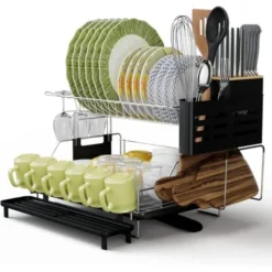 COSTWAY Égouttoir à Vaisselle Avec Bac D'Égouttage Porte-Vaisselle Antirouille Avec Porte-ustensiles Support De Planche à Découper