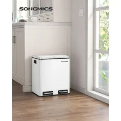 Songmics Poubelle Tri Sélectif 2 Bacs, 2 X 15L, Poubelle Double, 2 Compartiments, Avec Seaux Intérieurs Et Poignées, Pour Cuisine, Fermeture Lente, Hermétique, Blanc LTB30WT