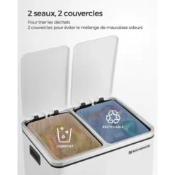 Songmics Poubelle Tri Sélectif 2 Bacs, 2 X 15L, Poubelle Double, 2 Compartiments, Avec Seaux Intérieurs Et Poignées, Pour Cuisine, Fermeture Lente, Hermétique, Blanc LTB30WT -Promos Gout Cuisine Boutique 89424481 3