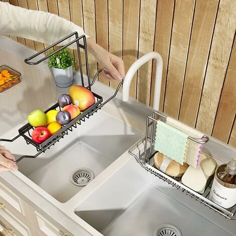 Organiseur D'évier De Cuisine Extensible Pour évier De Cuisine Avec Rail De Suspension Pour Torchon En Acier Inoxydable (grand, Noir) 4 Organiseur D'évier De Cuisine Extensible Pour évier De Cuisine Avec Rail De Suspension Pour Torchon En Acier Inoxydable (grand, Noir) – Image 4