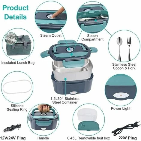 Lunch Box Chauffante, 3 En 1 Boite Chauffante Repas(12V / 24V / 220V), 1.5L Portable Gamelle Chauffante, 60W Boite A Repas Chauffante Pour Voiture, Camion, Maison Ou Camping (60W) 2 Lunch Box Chauffante, 3 En 1 Boite Chauffante Repas(12V / 24V / 220V), 1.5L Portable Gamelle Chauffante, 60W Boite A Repas Chauffante Pour Voiture, Camion, Maison Ou Camping (60W) – Image 2