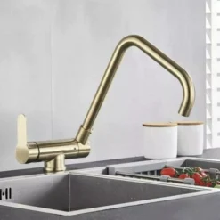 Doré Mitigeur Évier Avec Bec Haut D'Évier à Arc Élevé Pulvérisateur Escamotable 2 Modes De Pulvérisation En Laiton -Promos Gout Cuisine Boutique 92775235 4