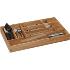 Range-Couvert, 6 Compartiments, Bambou, Ustensiles De Cuisine, Organiseur De Tiroir, 5 X 27,5 X 46 Cm, Nature