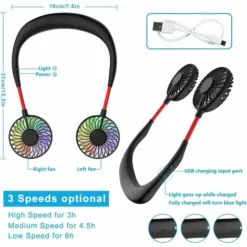 Ventilateur Portatif USB Pour La Nuque Avec Batterie Pour Recharger Mini Ventilateur Avec Col LED Pour L'extérieur Petit Ventilateur, Noir , Taille Unique -Promos Gout Cuisine Boutique 93444792 4