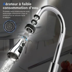 DALMO Robinet De Cuisine Rotatif à 360°, Robinet Évier à Arc Élevé Avec Douchette Extensible, 3 Modes De Jet, Mitigeur Cuisine Acier Inoxydable, DAKF3F -Promos Gout Cuisine Boutique 93556583 4