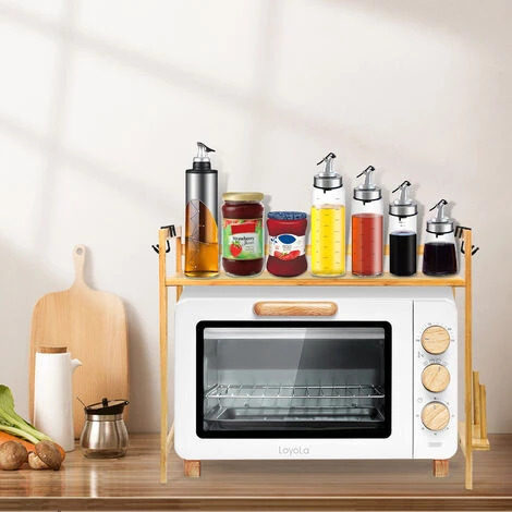 Support De Four à Micro-Ondes En Bambou Étagère Rangement Cuisine Avec Clips De Planche à Découper Et Crochets 52x30x35cm 5 Support De Four à Micro-Ondes En Bambou Étagère Rangement Cuisine Avec Clips De Planche à Découper Et Crochets 52x30x35cm – Image 5
