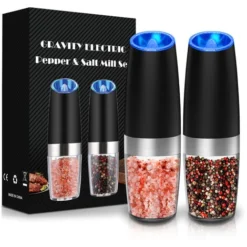 Ensemble De Moulin à Poivre Électrique Par Gravité, Lumière LED Bleu, Et Grossièreté Réglable, Fonctionnement à Une Main/ Sur Batterie, Noir/Argenté