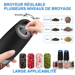 Ensemble De Moulin à Poivre Électrique Par Gravité, Lumière LED Bleu, Et Grossièreté Réglable, Fonctionnement à Une Main/ Sur Batterie, Noir/Argenté -Promos Gout Cuisine Boutique 95217305 3
