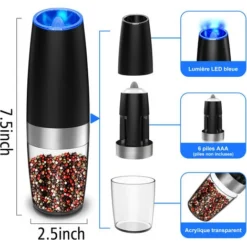 Ensemble De Moulin à Poivre Électrique Par Gravité, Lumière LED Bleu, Et Grossièreté Réglable, Fonctionnement à Une Main/ Sur Batterie, Noir/Argenté -Promos Gout Cuisine Boutique 95217305 5