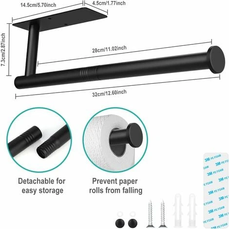 Support Porte Sopalin, Adhésif Ou Perçage Porte Rouleau Papier Cuisine Sous L'armoire, Acier Inoxydable Porte Essuie Tout Pour Salle De Bain Et De Cuisine, Noir 3 Support Porte Sopalin, Adhésif Ou Perçage Porte Rouleau Papier Cuisine Sous L'armoire, Acier Inoxydable Porte Essuie Tout Pour Salle De Bain Et De Cuisine, Noir – Image 3