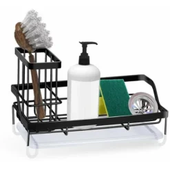 KAEJYIUT Organiseur D'évier De Cuisine Avec Bac D'évacuation, éponge, Brosse à Récurer, Chiffon De Vaisselle, Support De Comptoir, En Acier Inoxydable – Noir