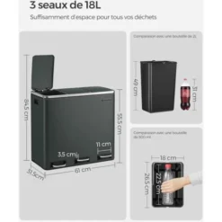 Songmics Poubelle De Recyclage, Poubelle De Tri, 3 X 18L, 3 Compartiments, Mécanisme Tampon, Pédales, Couvercle, Seaux Intérieurs En Plastique Avec Poignées, Gris Anthracite LTB54GS 9 Songmics Poubelle De Recyclage, Poubelle De Tri, 3 X 18L, 3 Compartiments, Mécanisme Tampon, Pédales, Couvercle, Seaux Intérieurs En Plastique Avec Poignées, Gris Anthracite LTB54GS -Promos Gout Cuisine Boutique 96254575 5