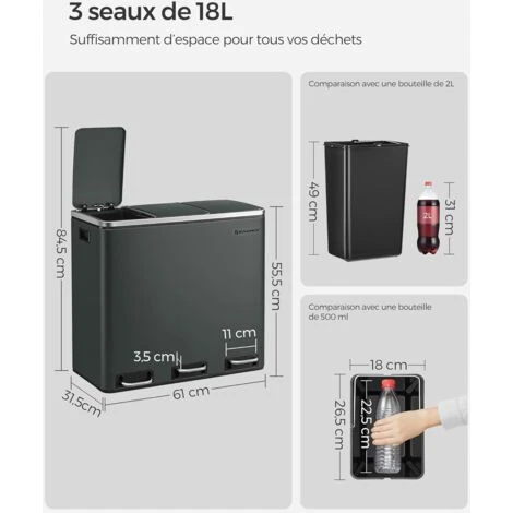 Songmics Poubelle De Recyclage, Poubelle De Tri, 3 X 18L, 3 Compartiments, Mécanisme Tampon, Pédales, Couvercle, Seaux Intérieurs En Plastique Avec Poignées, Gris Anthracite LTB54GS 5 Songmics Poubelle De Recyclage, Poubelle De Tri, 3 X 18L, 3 Compartiments, Mécanisme Tampon, Pédales, Couvercle, Seaux Intérieurs En Plastique Avec Poignées, Gris Anthracite LTB54GS – Image 5