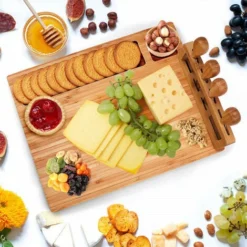 Planche à Fromage, Plateau De Service Avec 4 Couteaux En Acier Inoxydable, Planche à Charcuterie En Bois Massif (14''x11'') -Promos Gout Cuisine Boutique 96358559 4