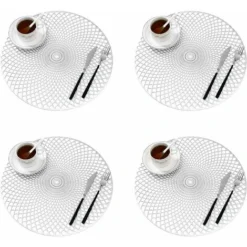 LECHUANG Lot De 4 Dessous Assiette, Argent Napperons Rond Set De Table Tapis De Table Pour Table Salle à Manger Cuisine (Argent, Style I, 38cm)