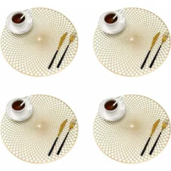 LECHUANG Lot De 4 Dessous Assiette, Doré Napperons Rond Set De Table Tapis De Table Pour Table Salle à Manger Cuisine (Or, Style I, 38cm)