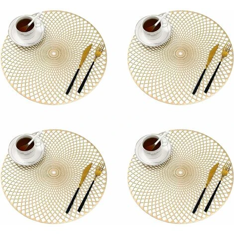 LECHUANG Lot De 4 Dessous Assiette, Doré Napperons Rond Set De Table Tapis De Table Pour Table Salle à Manger Cuisine (Or, Style I, 38cm) 1 LECHUANG Lot De 4 Dessous Assiette, Doré Napperons Rond Set De Table Tapis De Table Pour Table Salle à Manger Cuisine (Or, Style I, 38cm)