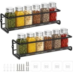 Rangement Epices Cuisine, Étagère Épices En Métal Sans Percage, Range Épices Murale Cuisine, Porte Épices Pour Épices Pots Accessoire Garde-Manger Cuisine Placard, 29x6x6cm (Noir, 2 Pièces)